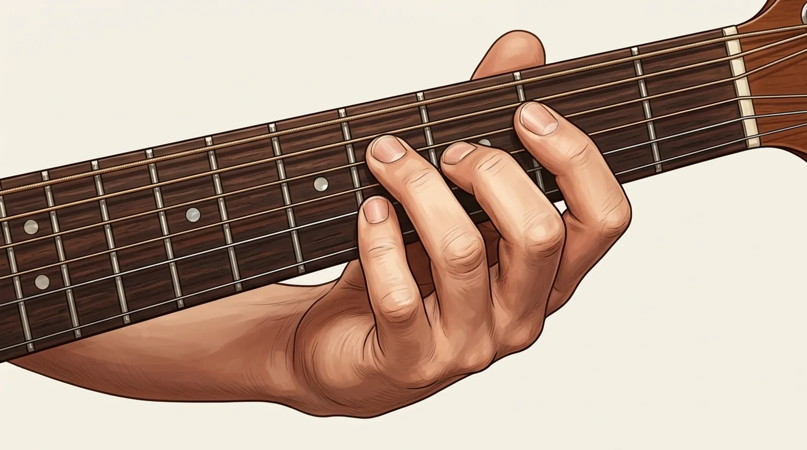 Mano izquierda sobre el mástil de la guitarra con los dedos 1 a 4 curvados en los primeros trastes