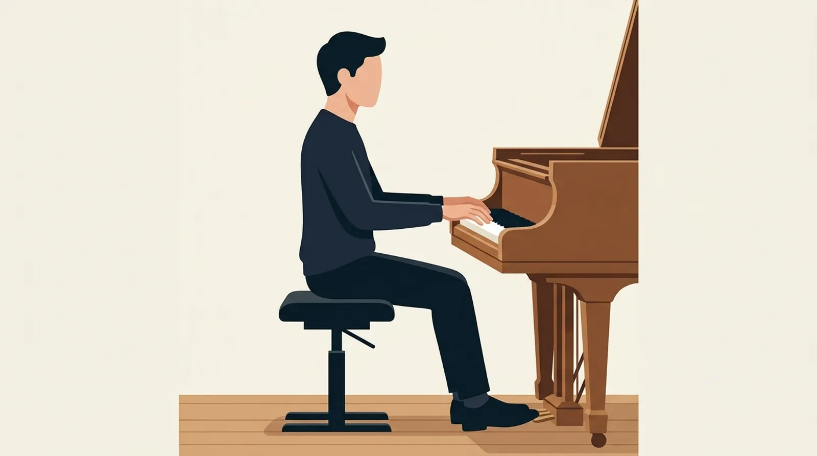 Pianista sentado erguido en la banqueta con antebrazos horizontales y codos a la altura de las teclas