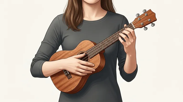 Eine Person hält eine HolzA-Ukulele an ihre Brust