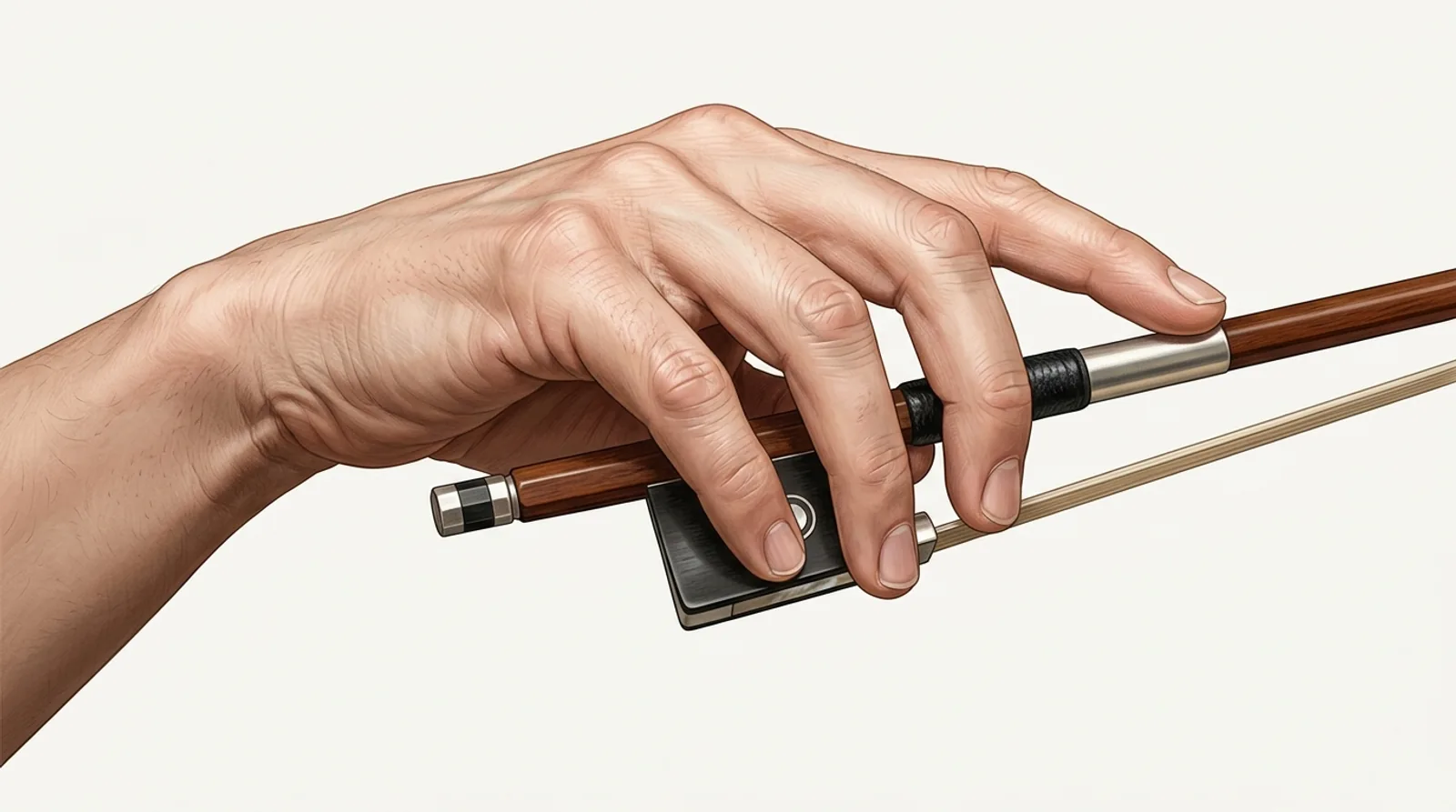 Paghawak ng violin bow na may nakabaluktot na hinlalaki at nakarelaks na mga daliri sa stick