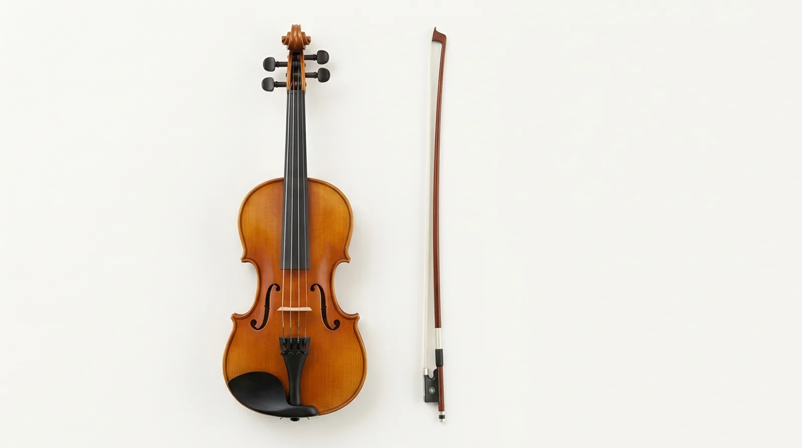 Mga bahagi ng violin at bow: scroll, bridge, f-holes, tailpiece, stick, frog at hair