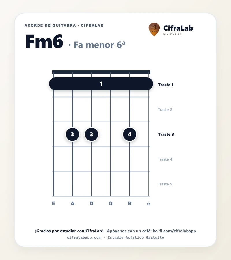 Ficha del acorde Fa menor 6ª (Fm6) para guitarra