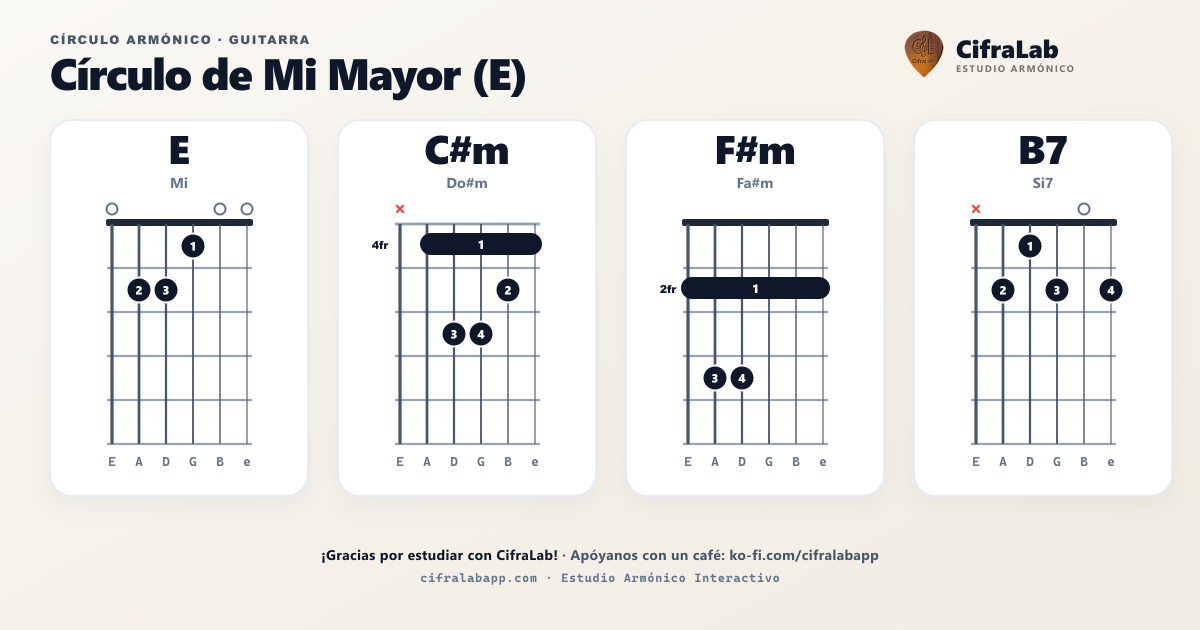 Cercle harmonique de E pour guitare : diagramme complet des accords avec doigtés
